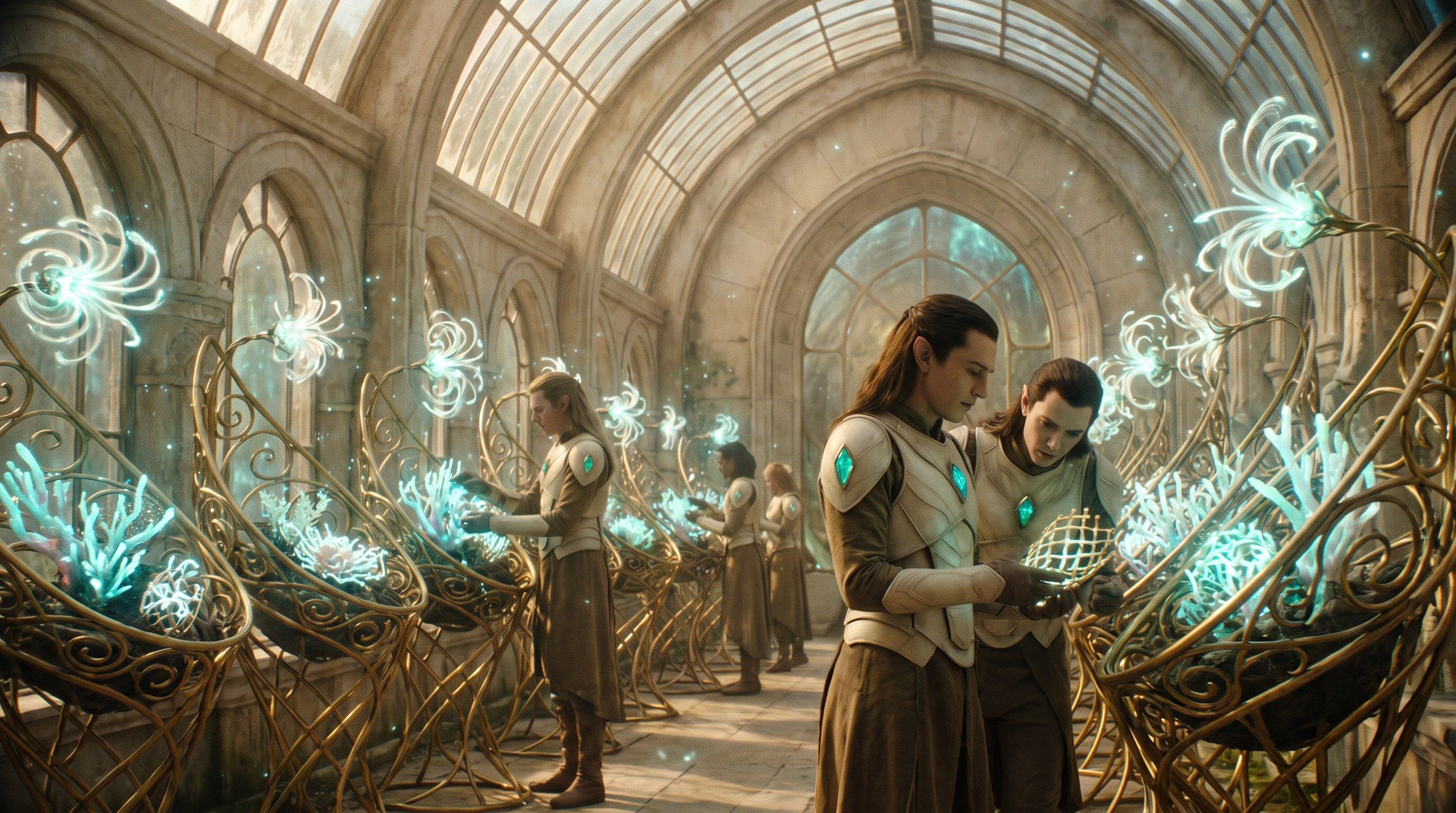A spell nursery full of glowing living spells on golden lattices