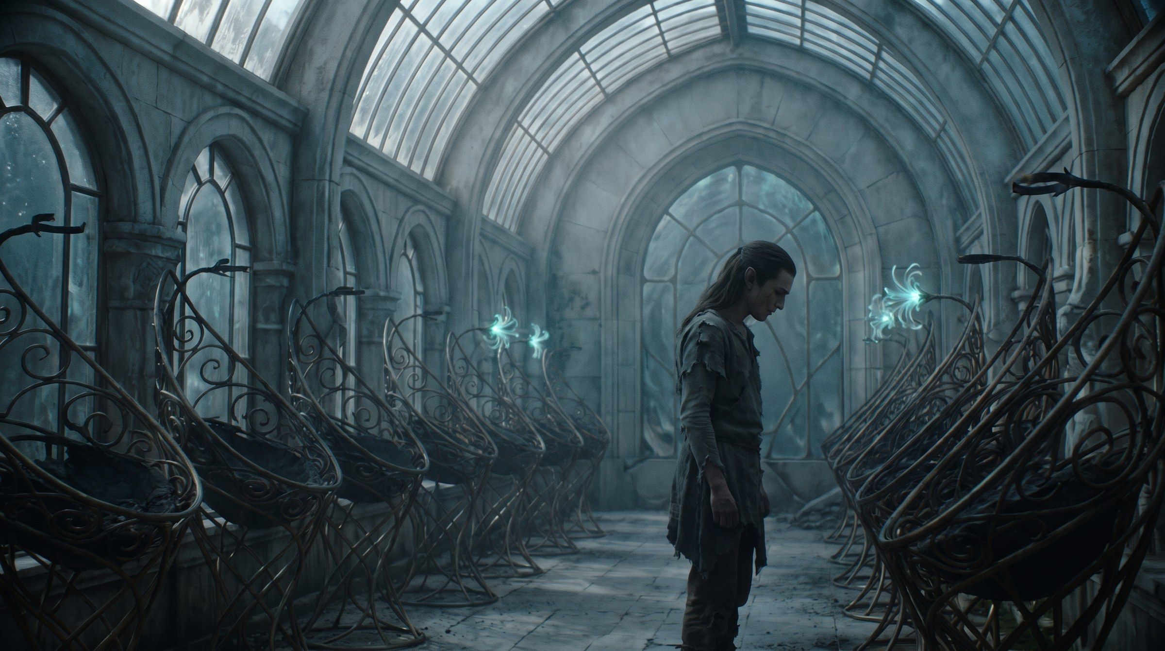 The same nursery, dark and empty, its lattices bare