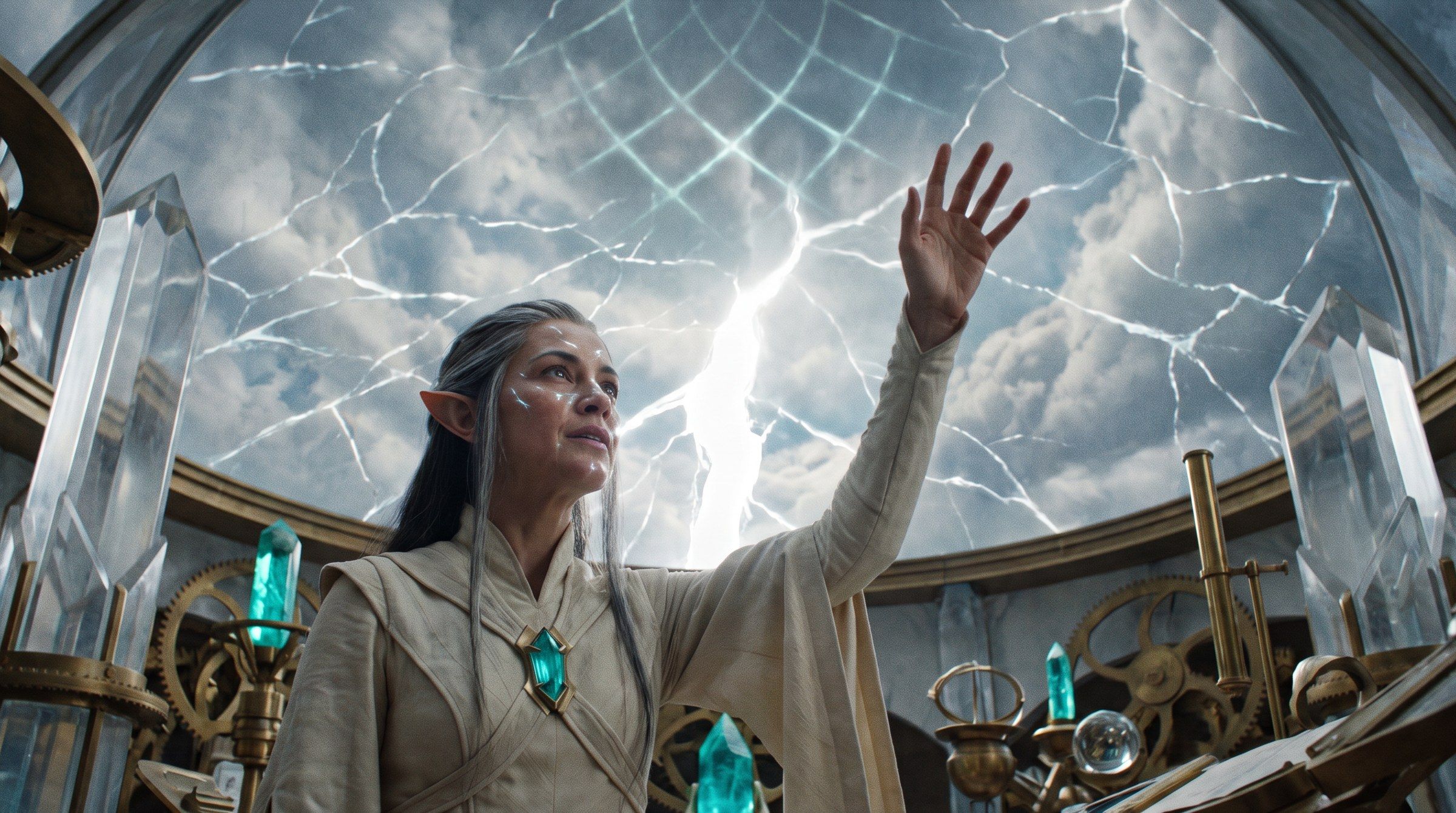 An elf researcher raises a hand toward a cracked lattice of light in the sky