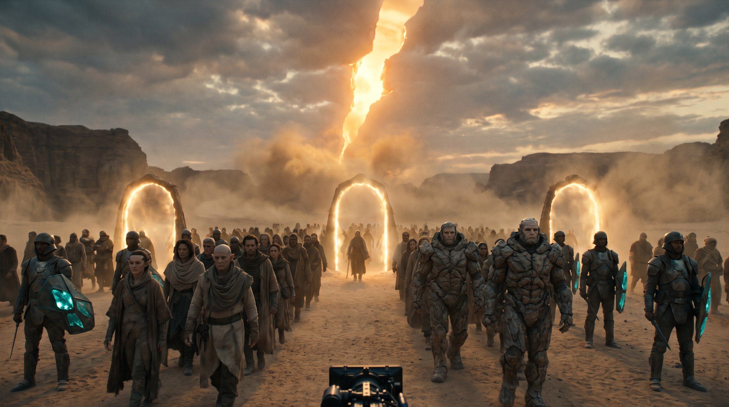 Armies of many peoples march out of glowing gates into a desert